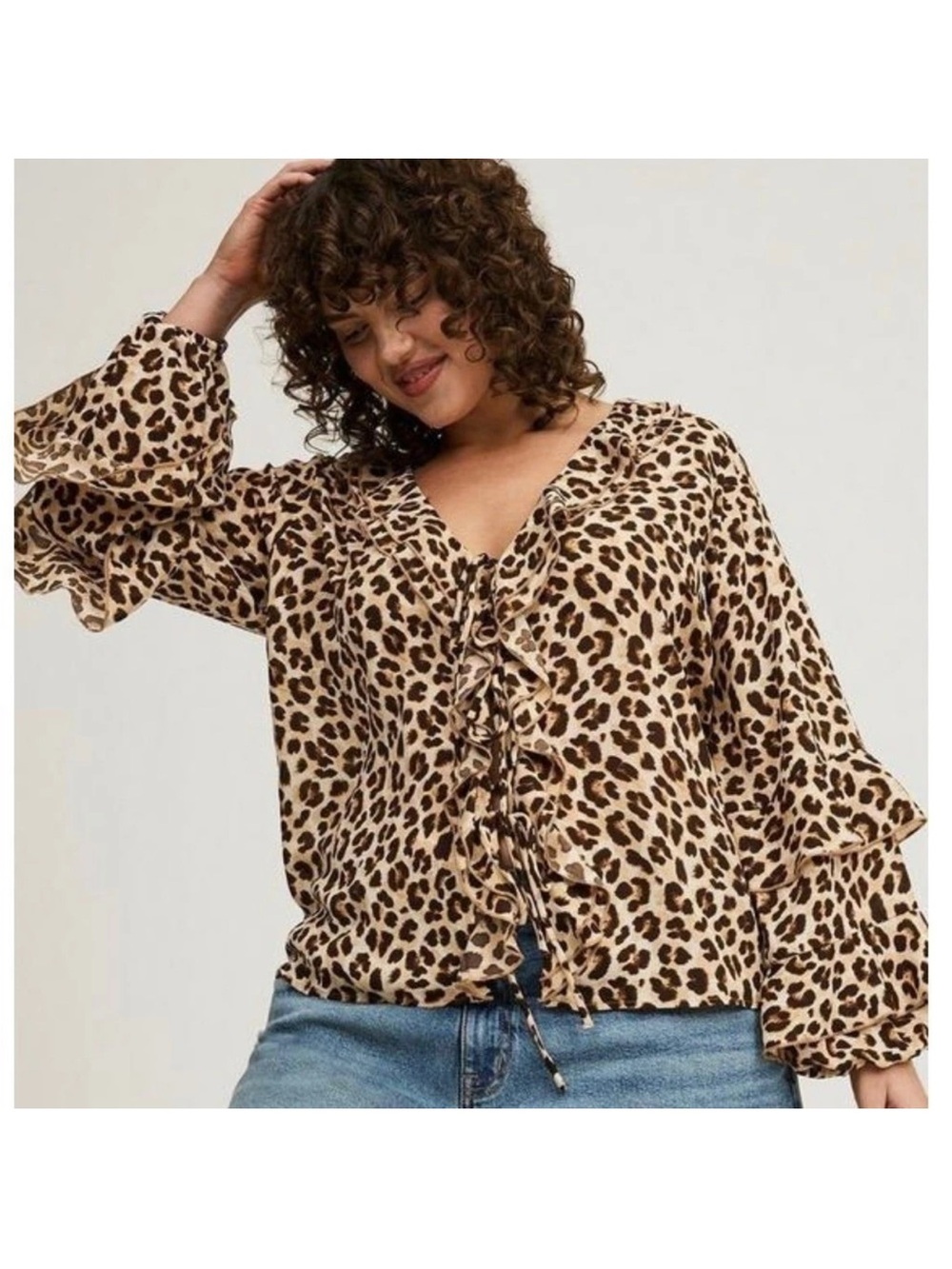 Torrid Leopard Print Georgette Tie Front Ruffle Sleeve Blouse Top